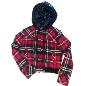 Y2K 2000 Red Plaid Hooded Jacket with Black Trim